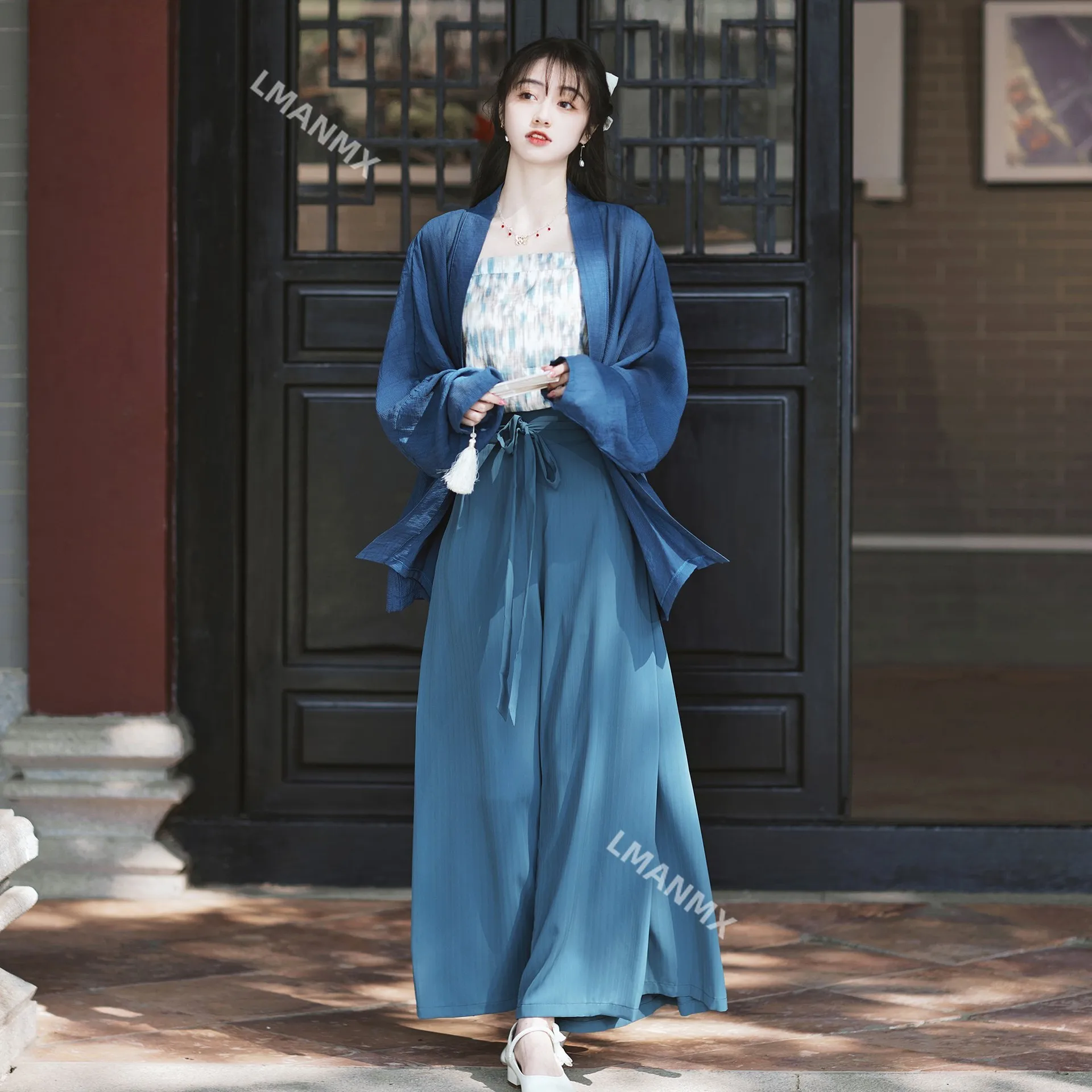 New Chinese Style Improved Hanfu Set Blue Cardigan Suspender Pants Tang Suit Women's Elegant Vintage Classic Traditional Costume