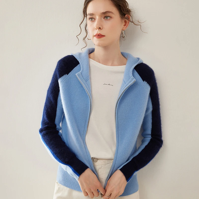 

Zip Color-Block Hooded Cardigan Women's 100% Cashmere Casual Sports Sweater Coat Autumn Winter Trendy Street Style Knitwear Top