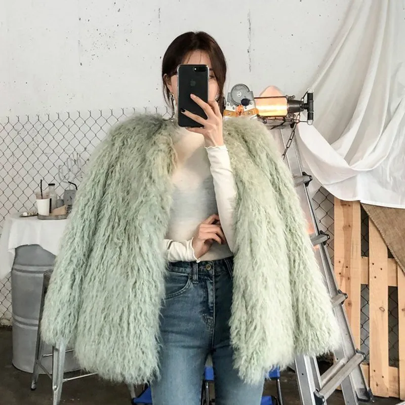 

Winter New Artificial Lambswool Lamb Sheep Curly Wool Long Imitation Fur Coat Women Shaggy High Quality Fluffy Furry Jackets