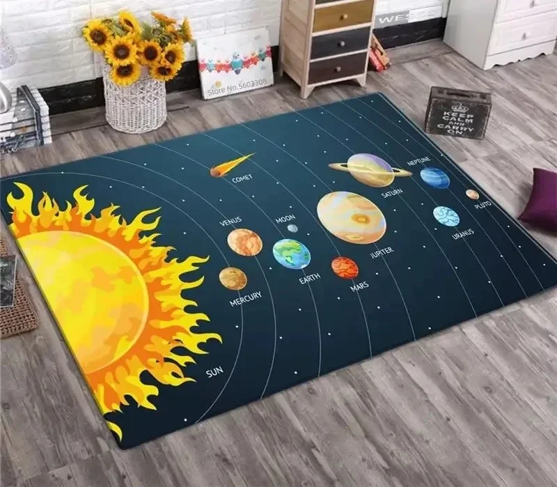 Solar System Rug Planet Galaxy Design for Living Room & Kids Bedroom | Non-Slip Space Floor Mat Home Decoration