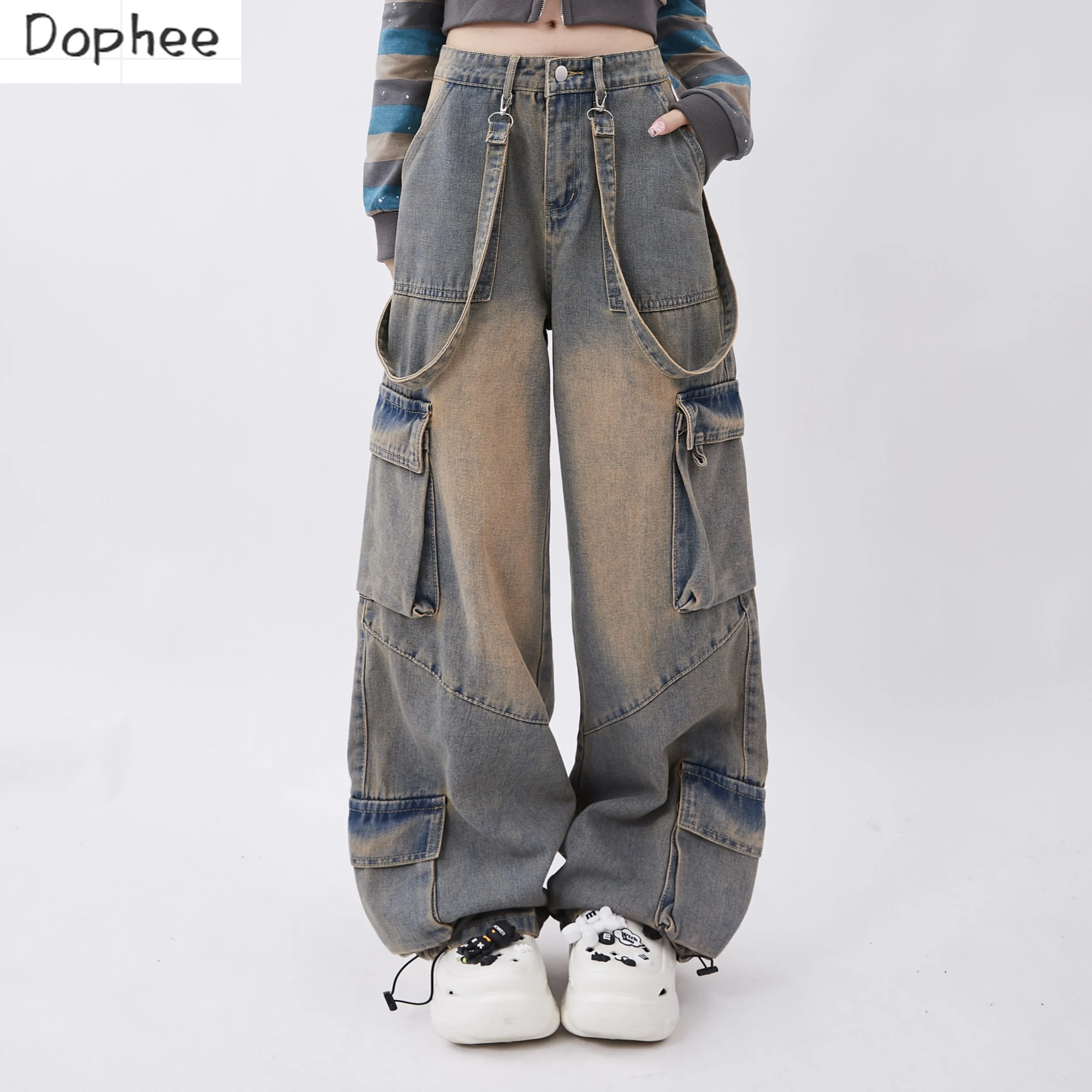 

Dophee New Autumn Dopamine Women Jeans American Style Large Pockets Loose Wide Leg Pants Casual Straight Denim Trousers 2023