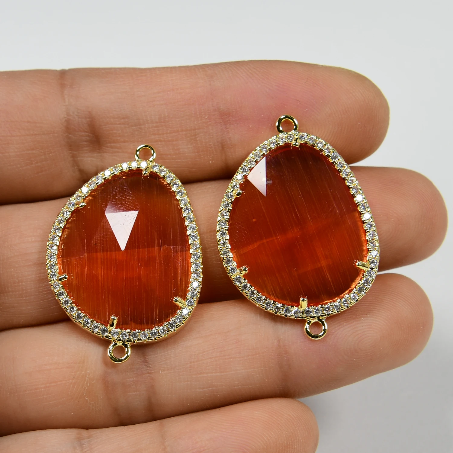 

5 Pcs Orange Cat eye Cubic Zircon Connector Double Rings Jewelry Finding