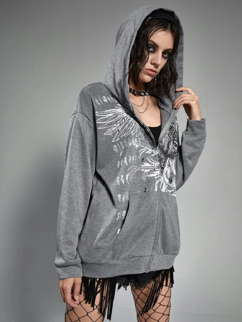 Y2K Cross border European and American Women\'s Loose Edition Personalized Street Eagle Print Zipper Cardigan Hoodie Hoodie Women