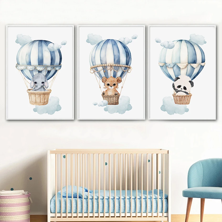Watercolor Hot Air Balloon Animal Monkey Lion Poster and Print Canvas Painting Wall Art Picture for Kids Room Nursery Decor
