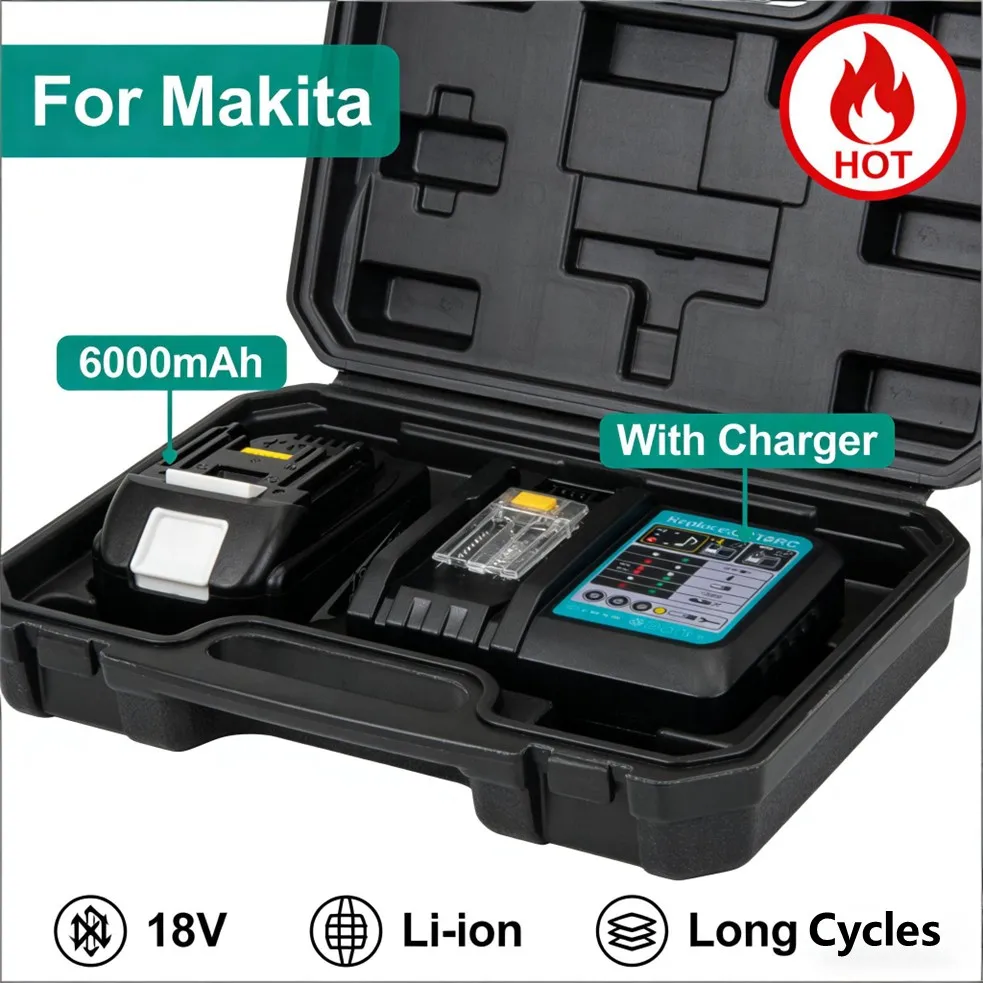 

Сменный литий-ионный аккумулятор 6Ач для Makita с зарядным устройством, 18В, совместим с Makita BL1830, BL1860, BL1850, BL1840, для электроинструментов.