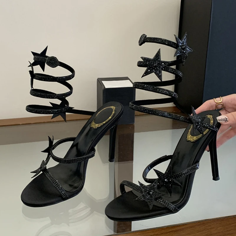 Liyke Fashion Strass-Sandalen mit Pentagramm-Form und Knöchelriemen für Damen, sexy offene Zehenpartie, schwarze High Heels, Stiletto-Party-Stripper-Schuhe