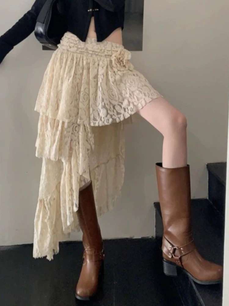 2026 Y2k Aesthetic Lace Flower 3d Flower Skirt For Women Irregular Ruffled Grunge Jupe Streetwear A-line Pleated Summer Skirts