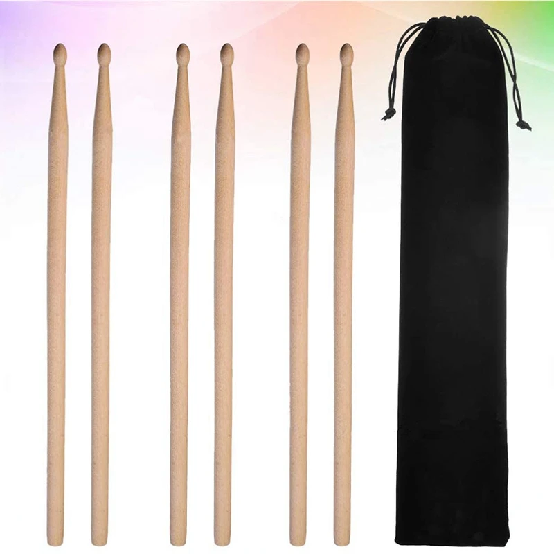 3 Pairs Drum Sticks Maple Drumsticks Wooden Drum Sticks 5A Size with Carry Bag for Playing Practicing Drum