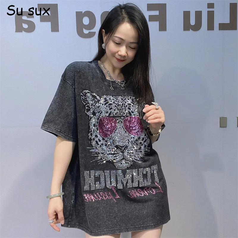 2026 Summer Tie-dye Tiger Avatar Short Sleeve T Shirt Woman Unisex Y2k Clothe Tops Casual Loose O Neck Tees Vestidos Streetwear