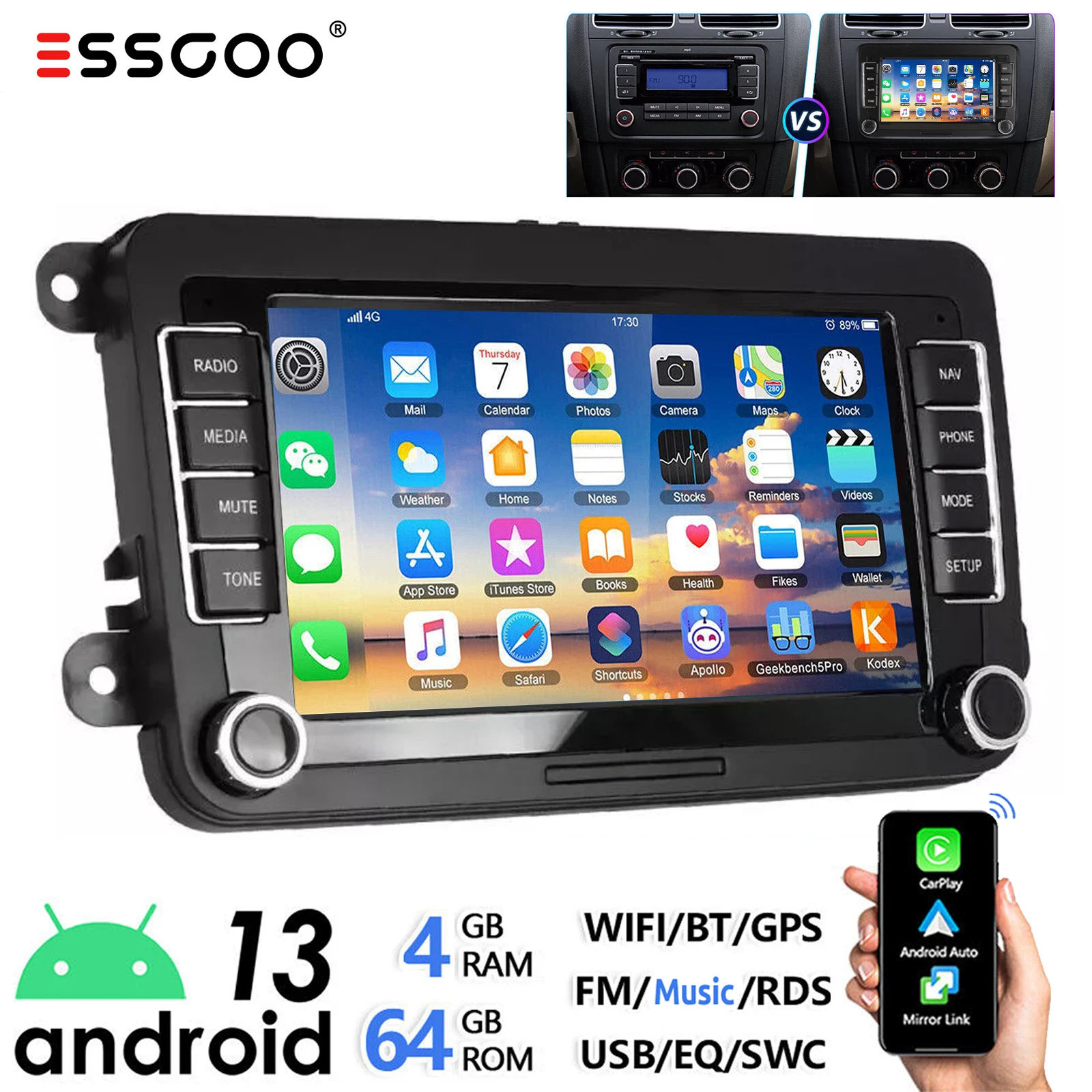 

ESSGOO 7" Android 13 4G+64G Apple Carplay Car Stereo GPS NAVI WIFI RDS FM BT for VW Golf 5 6 Passat Polo Touran Tiguan Caddy EOS