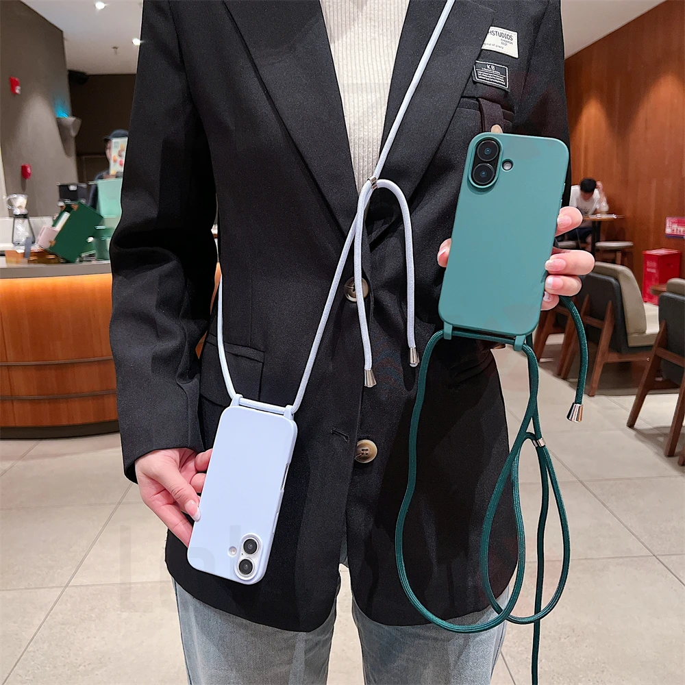 جراب هاتف Crossbody لهاتف iPhone ، سيليكون ناعم ، بلون واحد ، حلوى TPU ، غطاء ممتص للصدمات ، حزام قلادة ، iPhone 15 ، iPhone 16 Pro Max ، iPhone 13 ، iPhone 12 ، iPhone 14 Plus