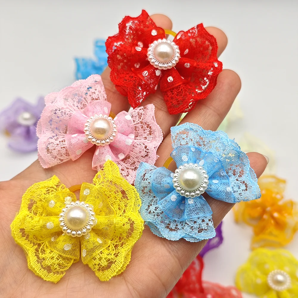 100 Pieces Double Layer Lace Hair Bows For Small Dog Cute Pet Grooming Hair Clips Puppy Hair Accessories With Rubber Band