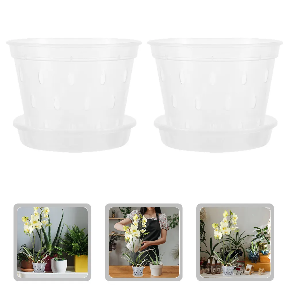 

2Sets Clear Plastic Orchid Pots with Drain Holes and Base Tray for Root Observation Humid Warm Environment Breathable Plant