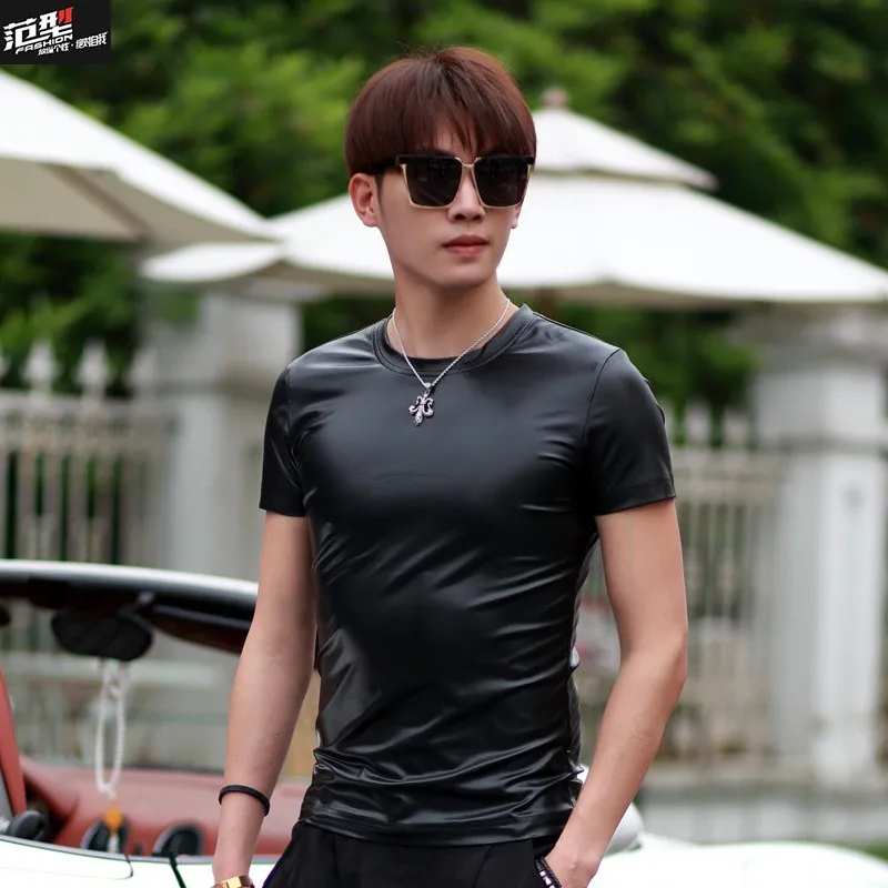 

Korean New Men's Personality Short Sleeve T-Shirt Male Tide Round Neck Fashion Stitching PU t-Shirts Mens Black Dress Tops S-4XL