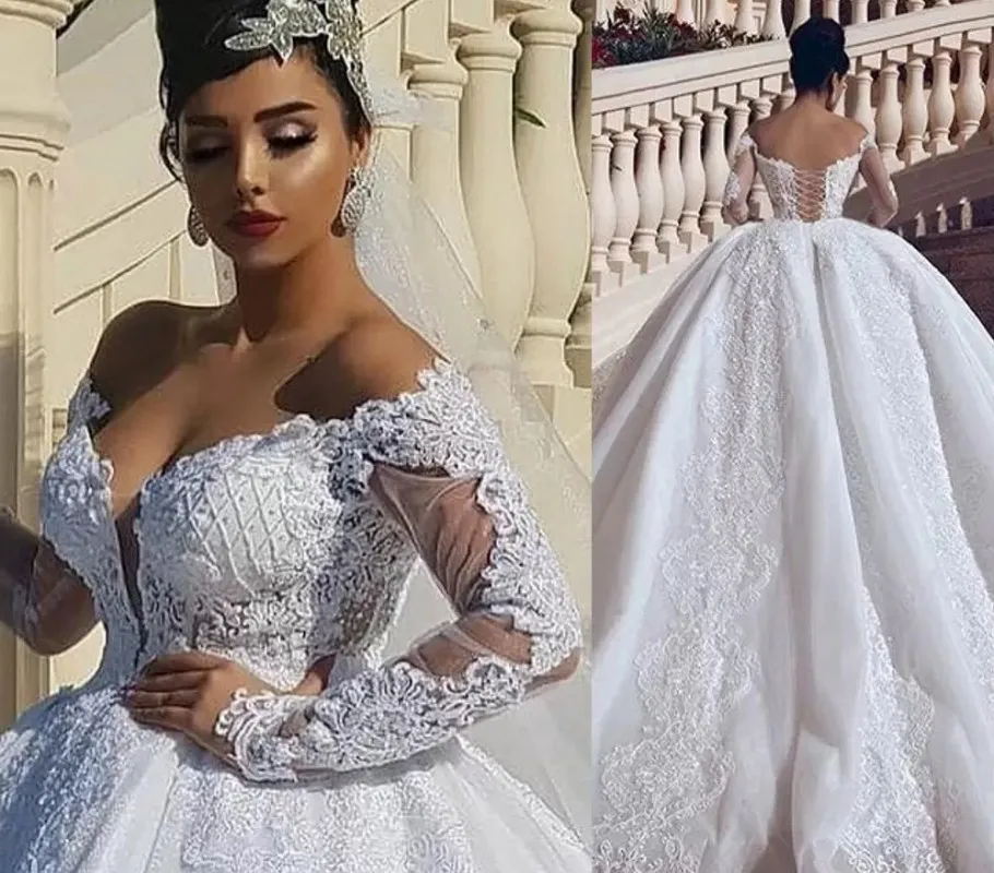 

Arabic Gorgeous Wedding Dress 2025 Off Shoulder Lace Appliques Beads Long Sleeve Puffy Aso Ebi Bride Gowns Vestidos De Noiva