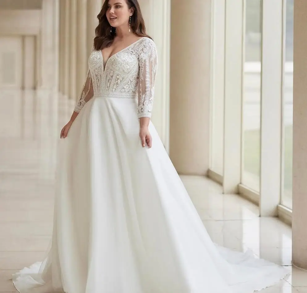 Robe de Mariée Blanche à Manches sulf, Col en V, Tulle, Balayage Traîne, Dos aux, Bouton, Sur Mesure, Grande Taille