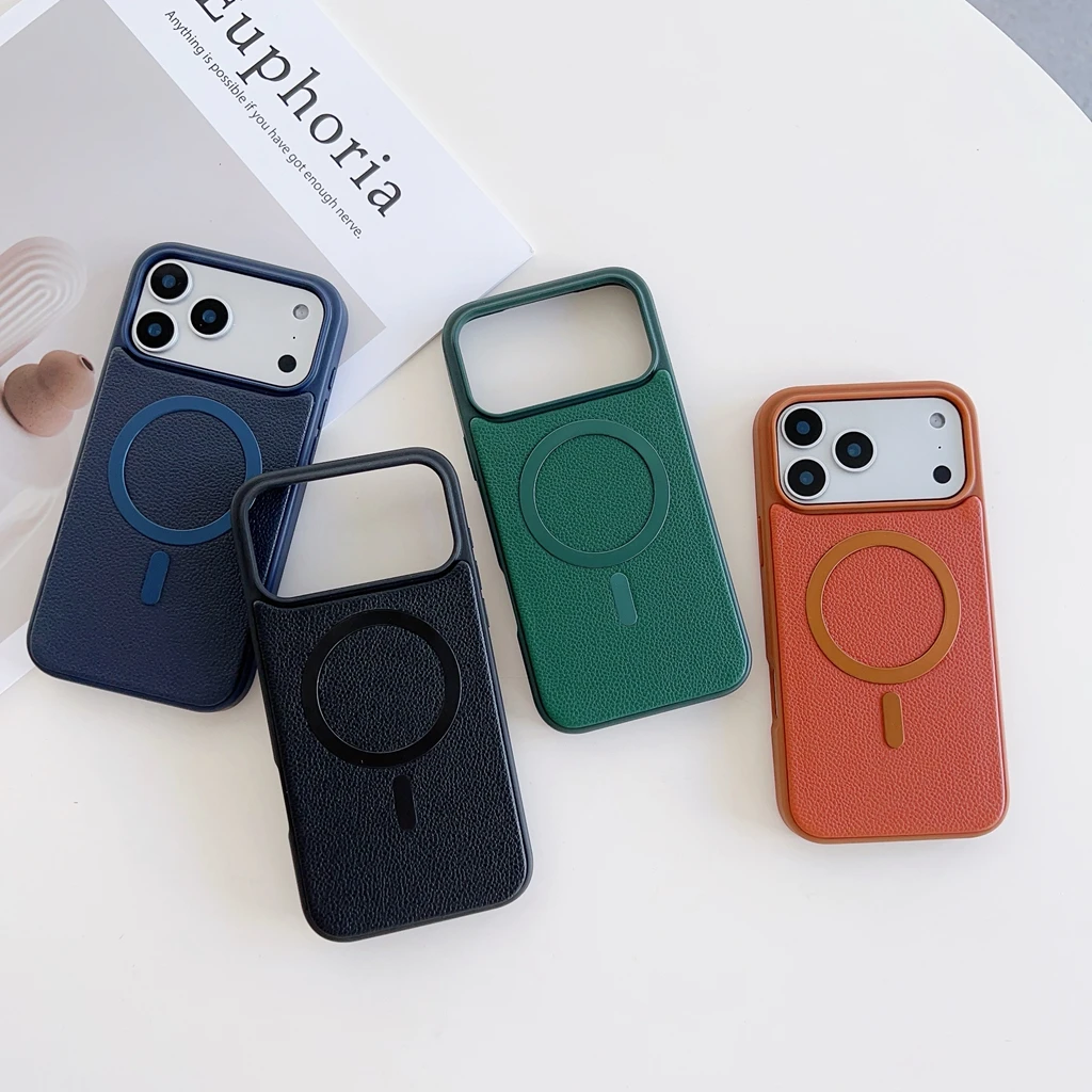 Advanced Solid Color Lychee Texture Series Magnetic Wireless Charging Phone Cover Case for iPhone 17 16 15 14 13 Pro Max 17Air