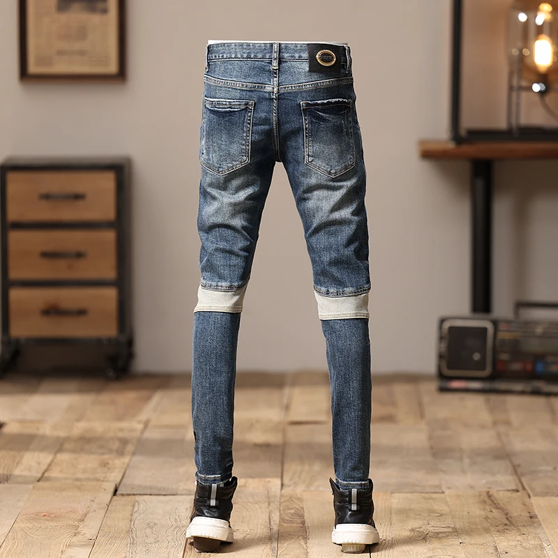 Personality Stitching Jeans Men's Fashion Slim Design Motorcycle Style Retro Pattern Street Trend Handsome Trousers