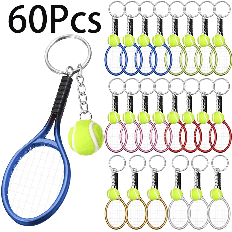 

60Pcs Mini Tennis Ball Racket Model Keychain Key Ring Novelty Handbag Lover Sport Charm for Boys