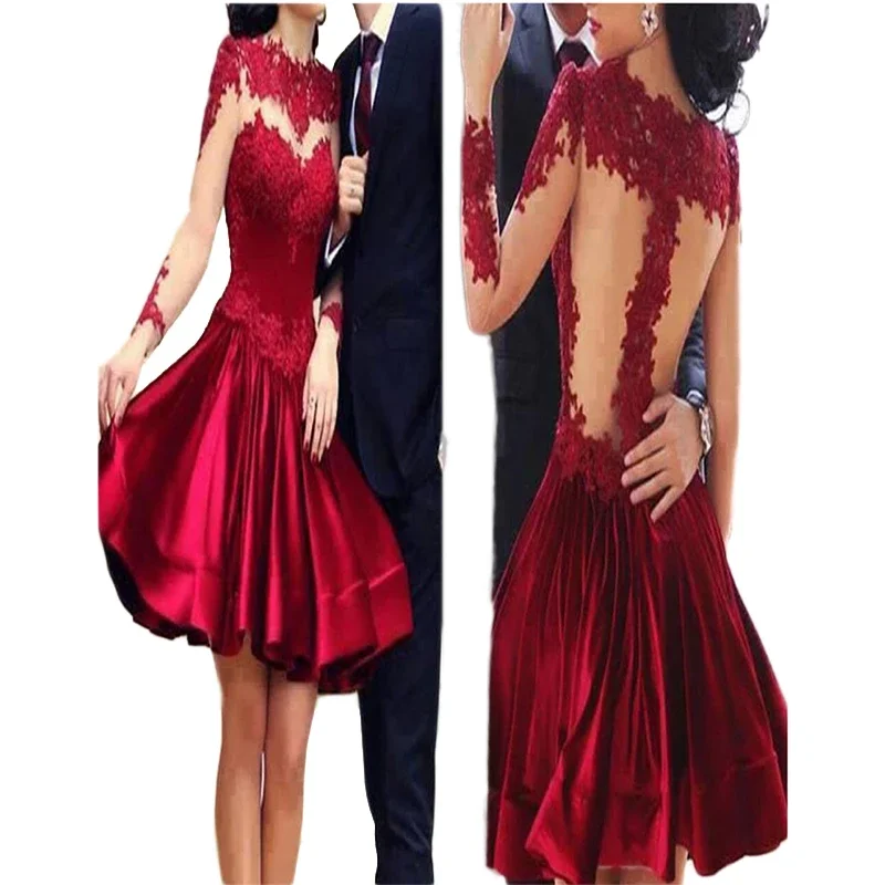 فستان قصير برقبة عالية وأكمام طويلة مزين بالدانتيل على شكل حرف A فساتين فيستدوس