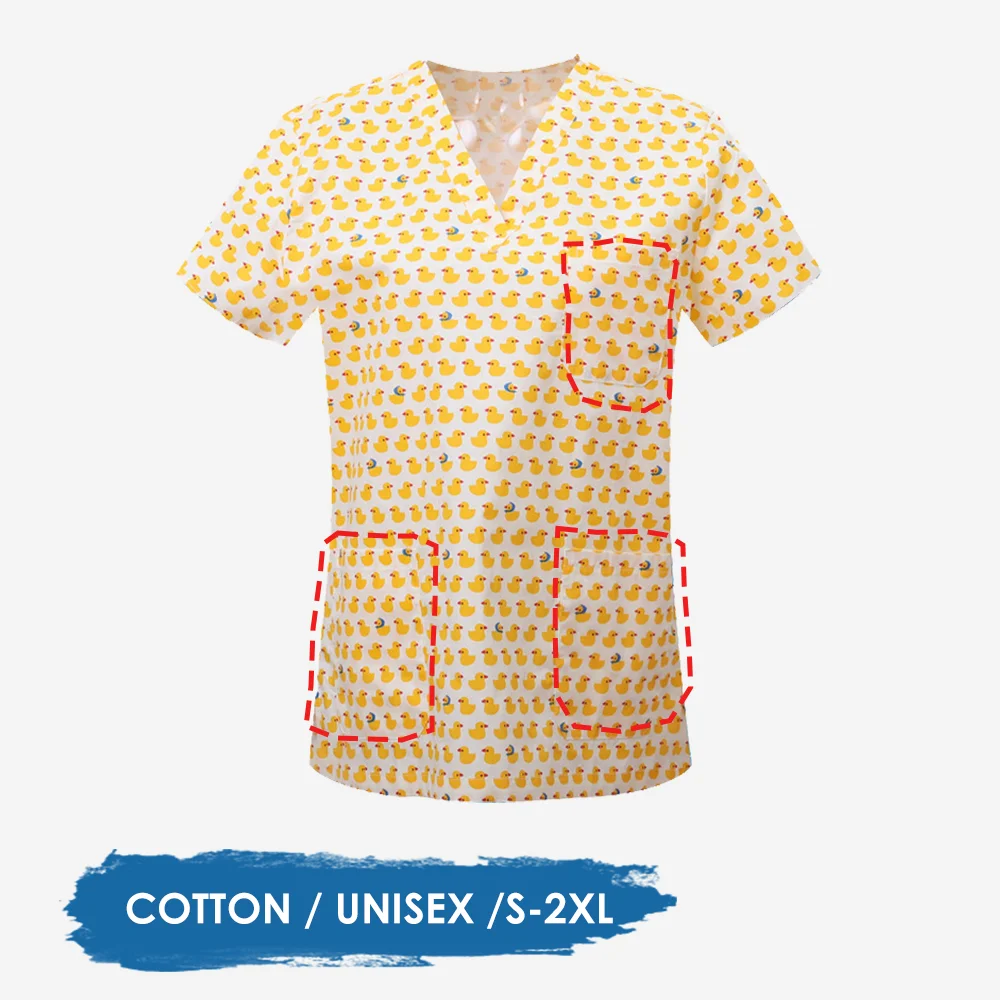 Nursing Uniform Women's Working Clothes Scrubs Top with Three Pockets Graphic Printing V-Neck Medical Short Sleeve Tees Blouse