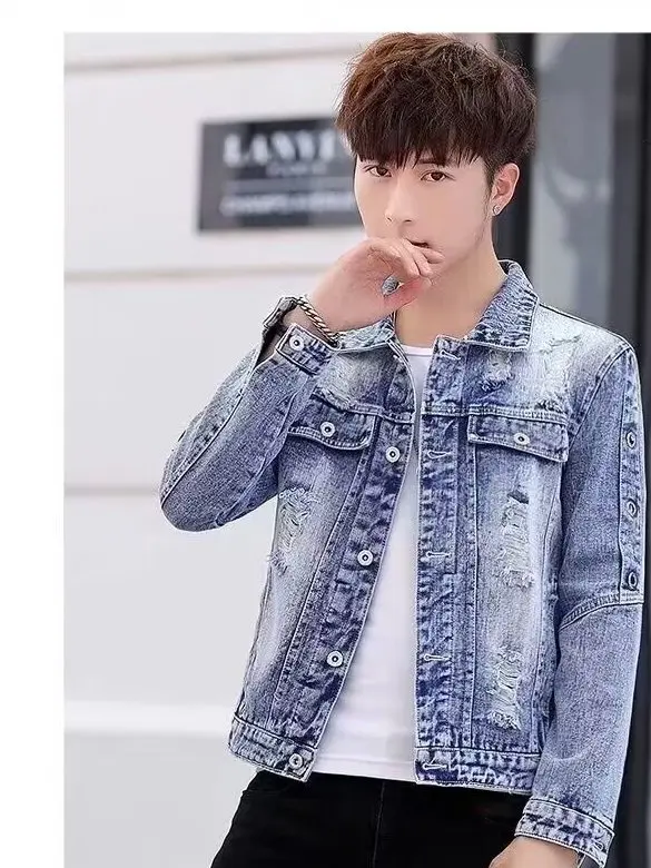 

Spring Autumn High-End Men's Denim Jaet Casual Retro Sle Street Faion Youthful Haome Outerwear Long Sve Flip Collar