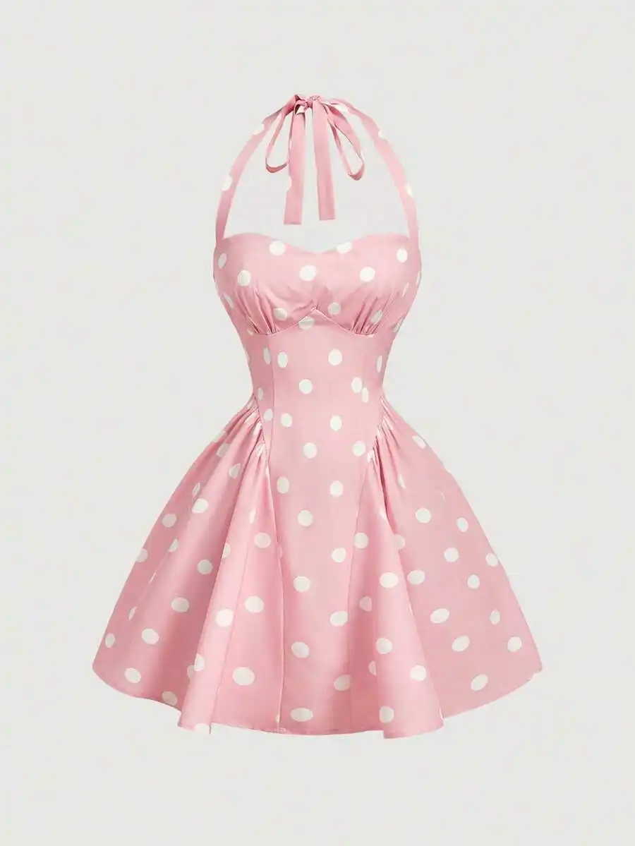 

Pink Polka Dot Halter Dress Sleeveless Fit And Flare Vintage Style Summer Party Dress