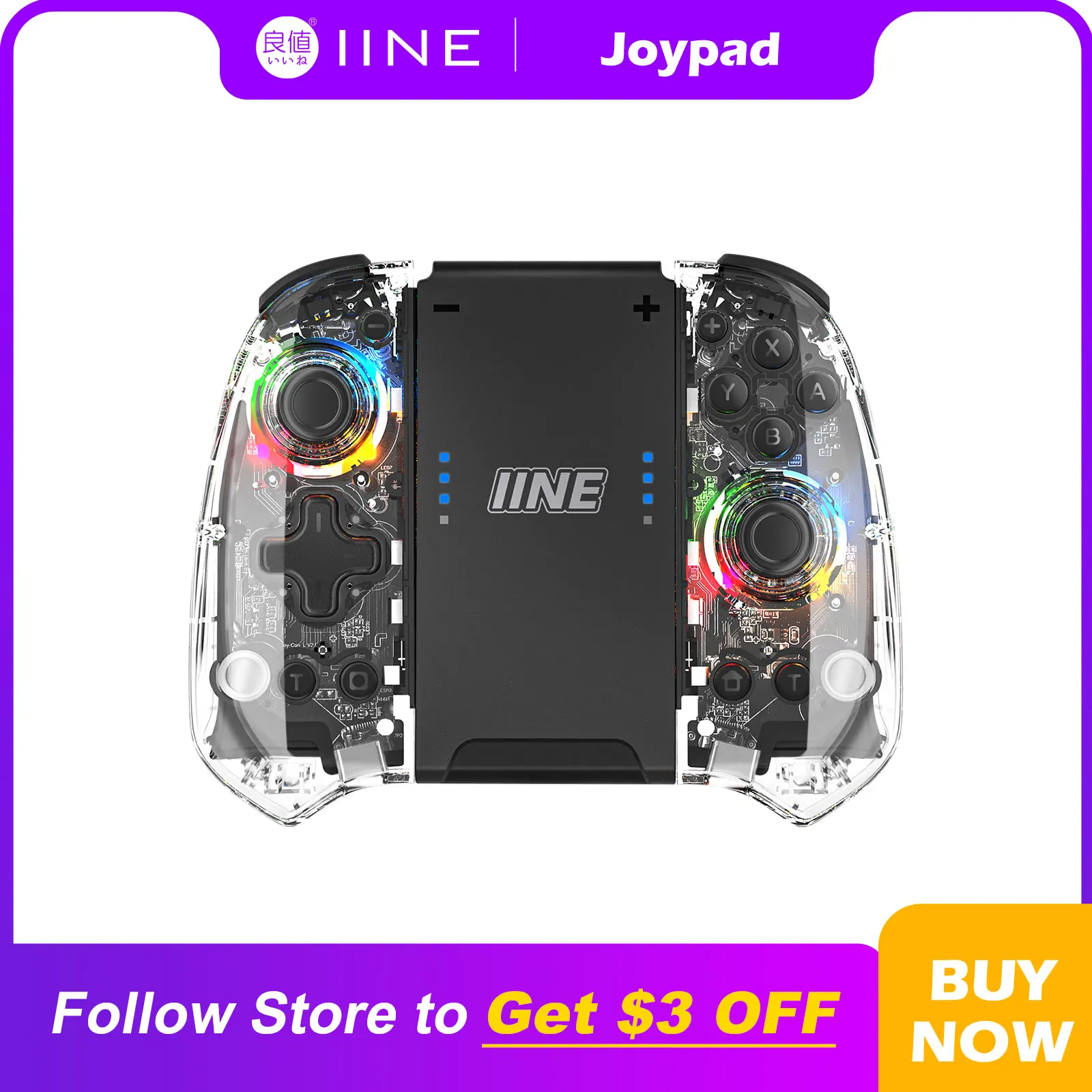 IINE Controller As Joypad Transparent Controller with Middle Charging Grip Compatible Nintendo Swtich/OLED