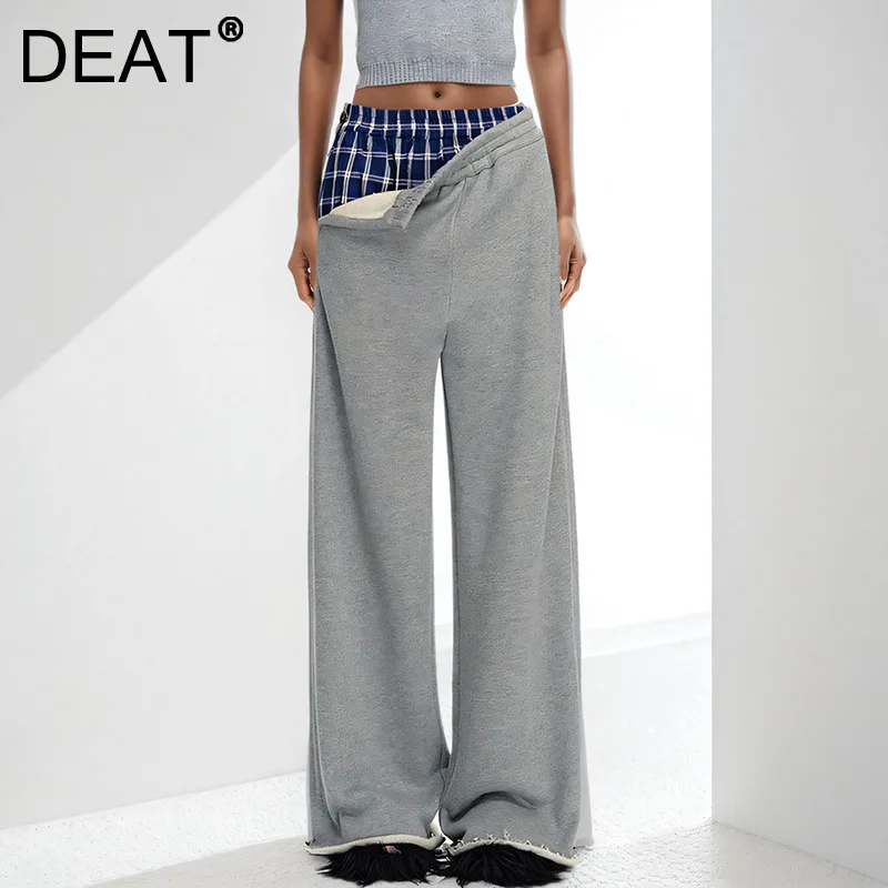 DEAT Women's Fashion Fake Two-piece Splice Plaid Long Pants 2024 Winter New Arrival Causal Elastic Waist Trouser Female 11A01854