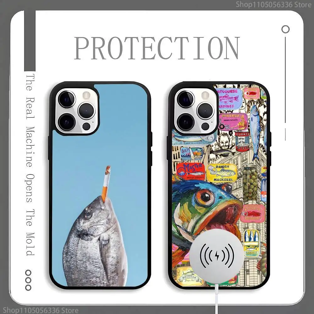 

F-Fish F-Funny Sardines Phone Case For Magnetic Wireless Charge Cover For iphone 16 15 14 13 12 11 Pro Max Plus Coque