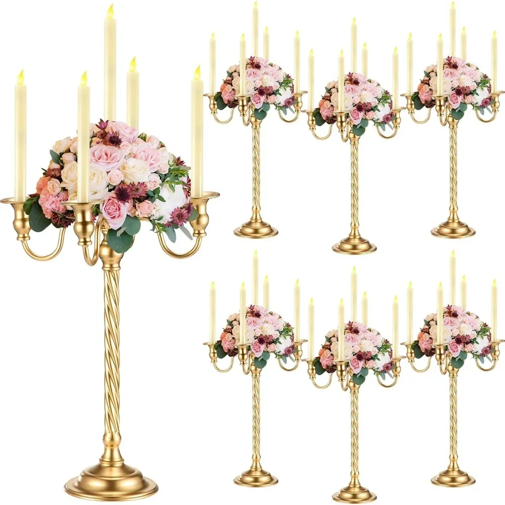 

6 Pack Gold Candelabra Bulk Tall Metal Candle Holder Table Centerpieces 5-Arm Taper Candlestick Floral Flower Floor Candle Stand