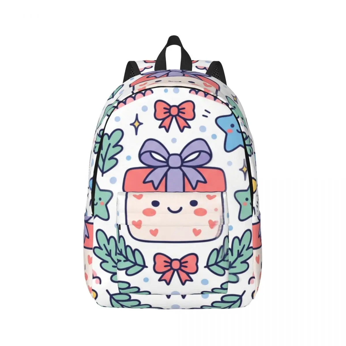 Lovely Casual Backpack Center Winter Star Star Dot Gift Box Cute Kawaii Colorful White Daypack for College Class Weekend Holiday