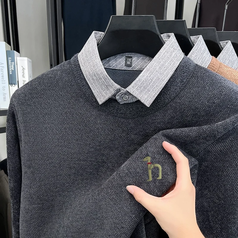 

High quality Hot Sales Men's Plush Thicken Lapel Fake Two-Piece Knitted Sweater Winter New Arrival Print Warm Business Men'swear