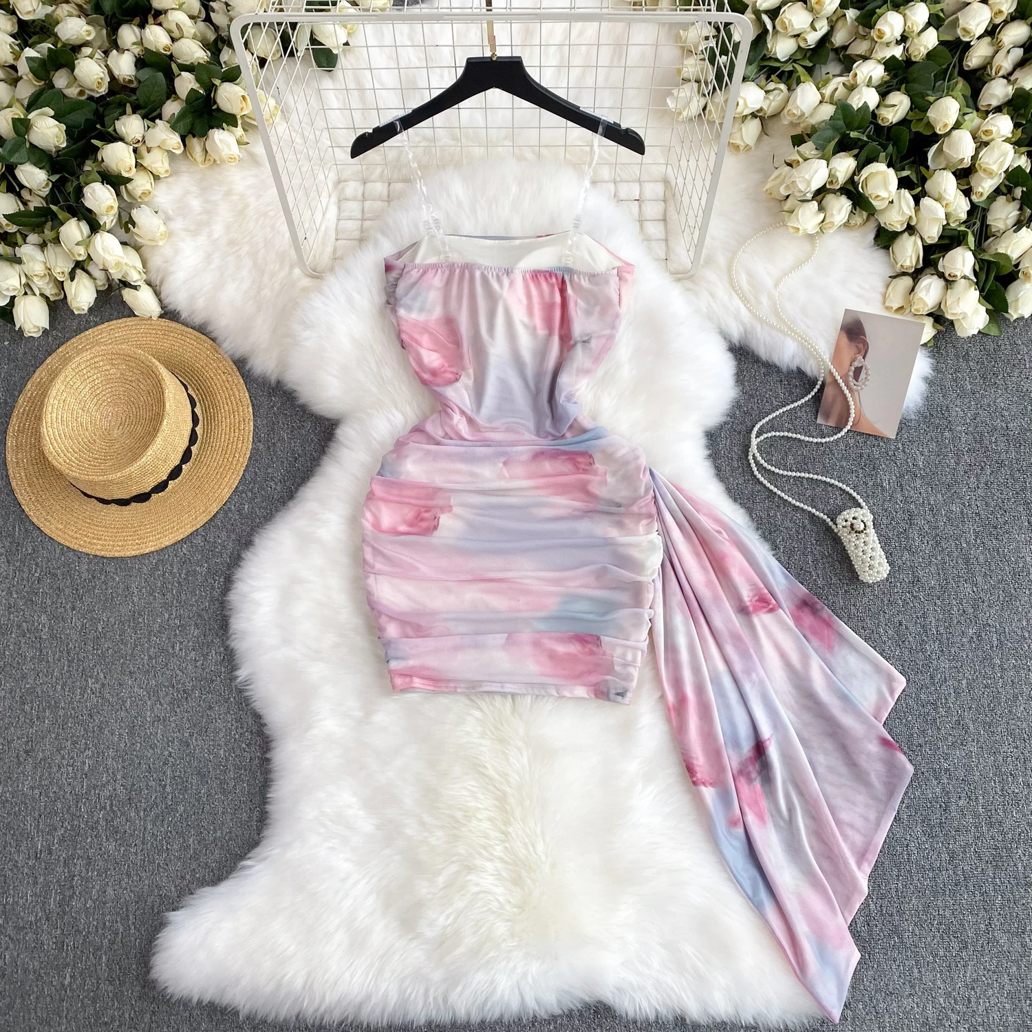 Sexy Pleated Tie Dye Tube Top Dress Chic Elegant Vintage Women Korean Fashion Summer Hot Sweet Pencil Dresses