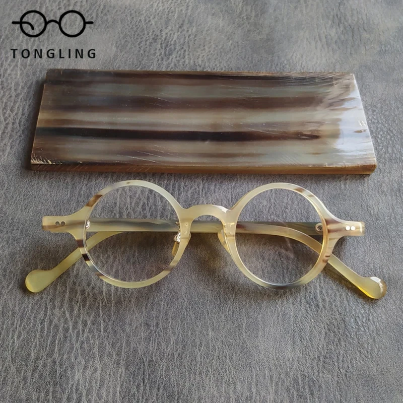 Pure Natural Buffalo Horn Eyeglass Frame Men Handmade Retro Round Optical Eyeglasses Women Reading Prescription Glasses