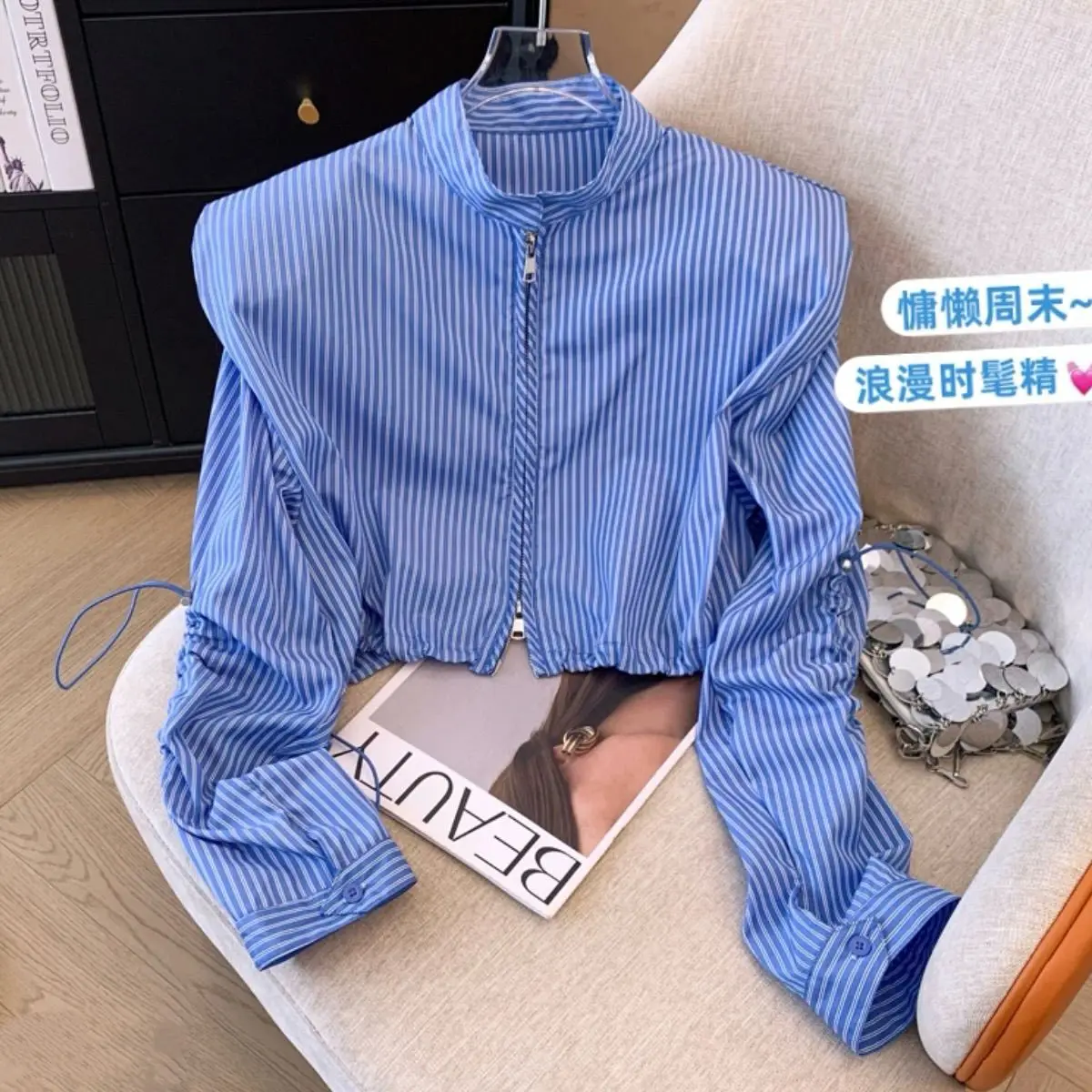 Short Blue Striped Tops Shirts & Blouses Camisa Feminina Crop Summer New Blusas Mujer De Moda Chic Zip Coat