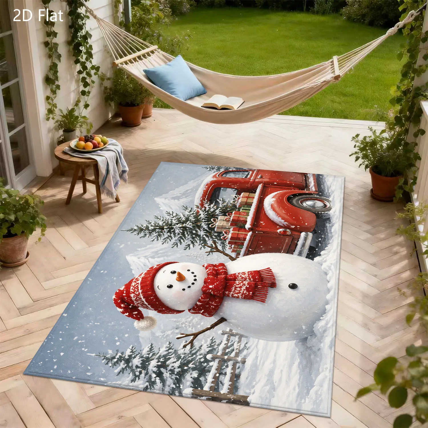 1pc 2D Flat Snowman Red Vintage Truck Christmas Tree Printed Floor Mat, Decorative Rug for Living Room, Bedroom, Home