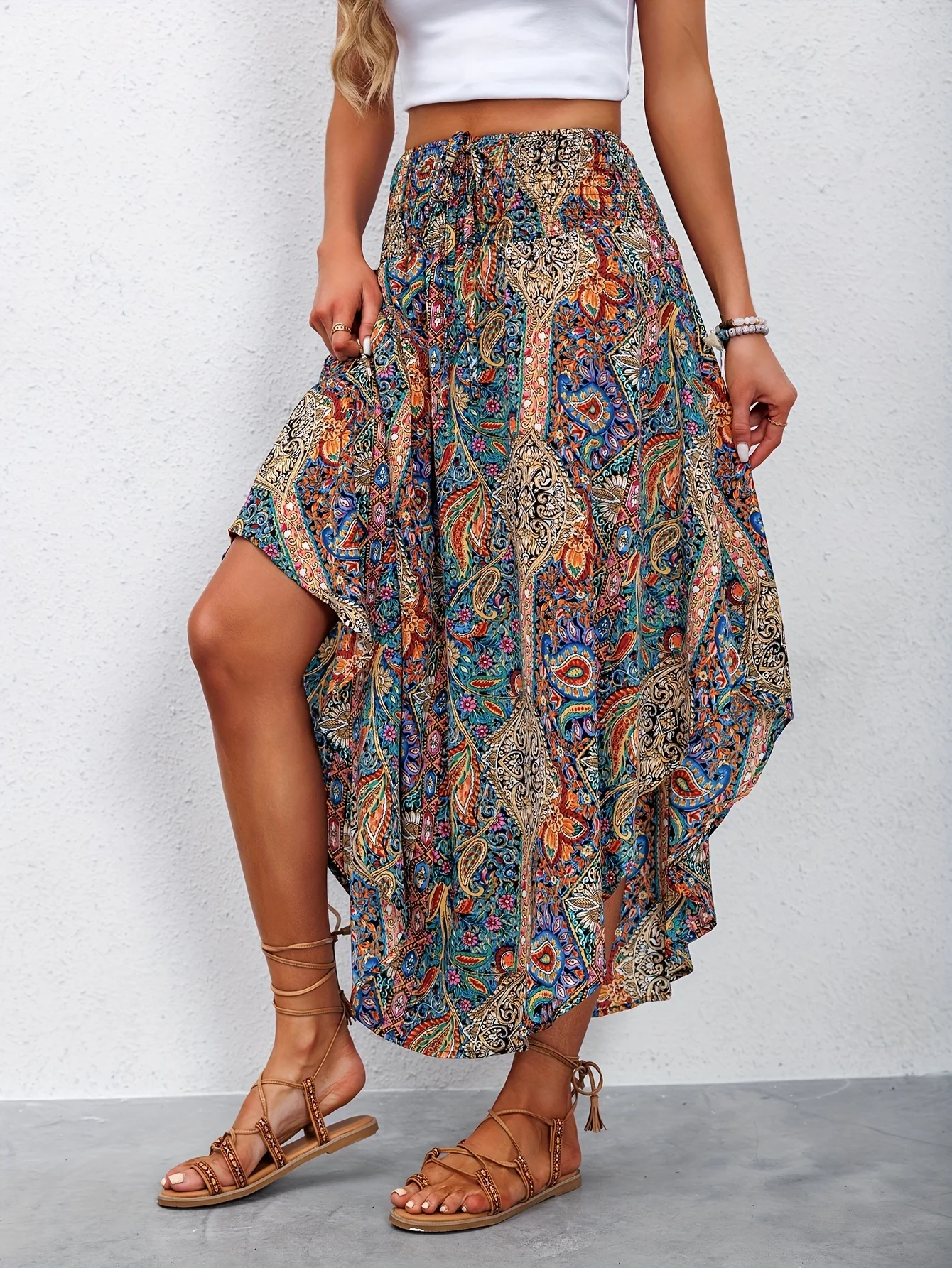 Luojiang Wind Style [ Directional ] Summer New Women's Fashion Printed High Waist Wrinkle Casual Curved Bottom Skirt