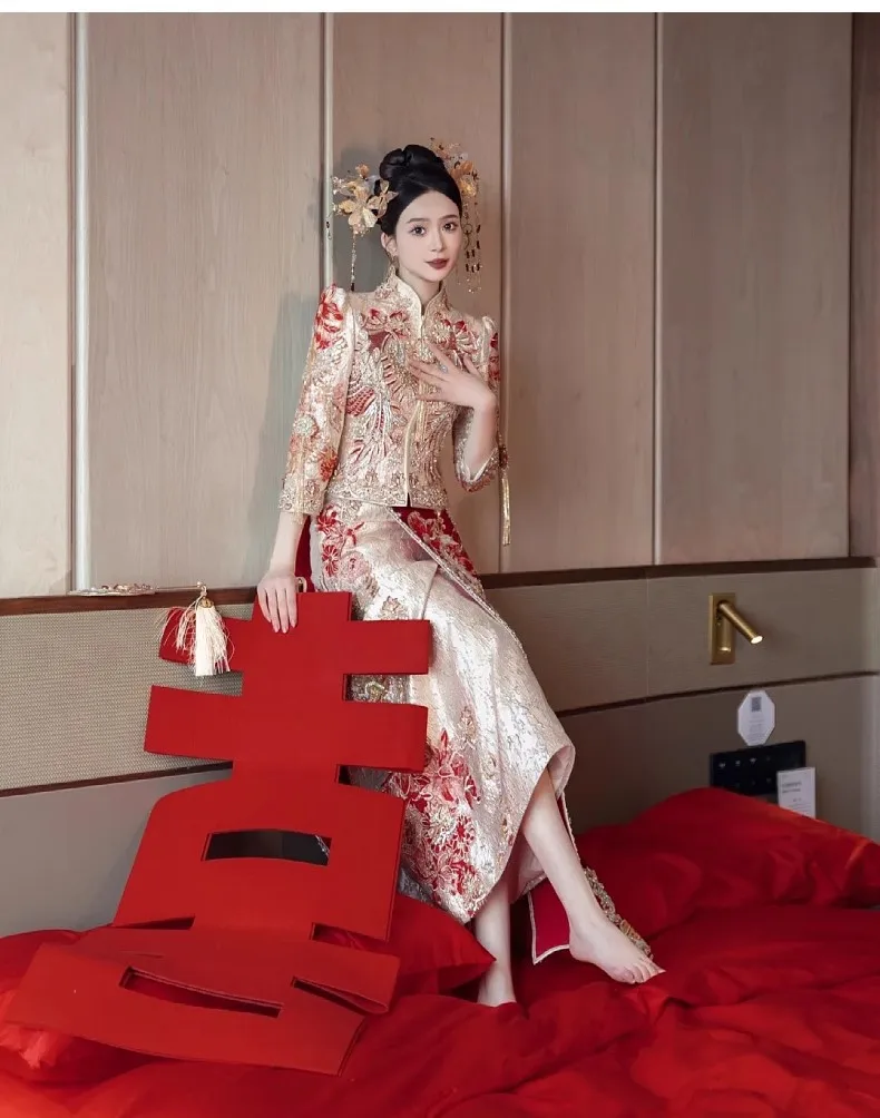 Xiuhe rapIndustry-Vêtements de mariée chinois de luxe, robe de mariée imbibée Tang, JOCoat brodé dragon et phénix, manteau malais haut de gamme