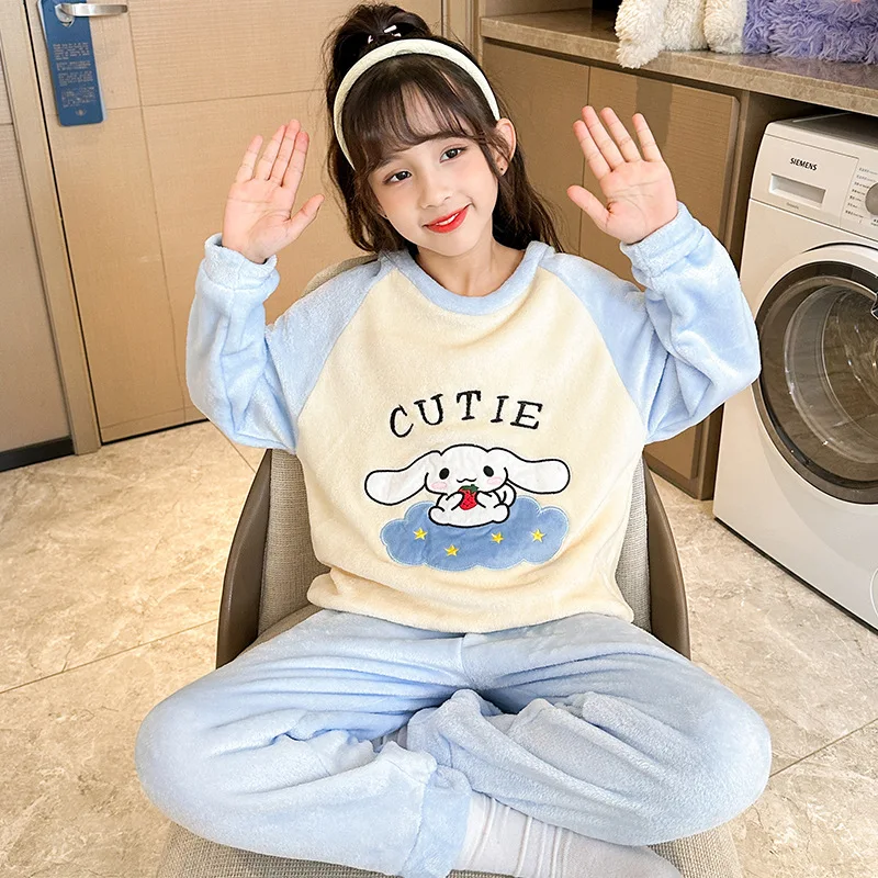 

Sanrio Flannel Childrens Pajamas Set Hello Kitty Cinnamoroll Winter Thicken Winter Sleepwear Kid Pants Girl Kuromi Loungewear