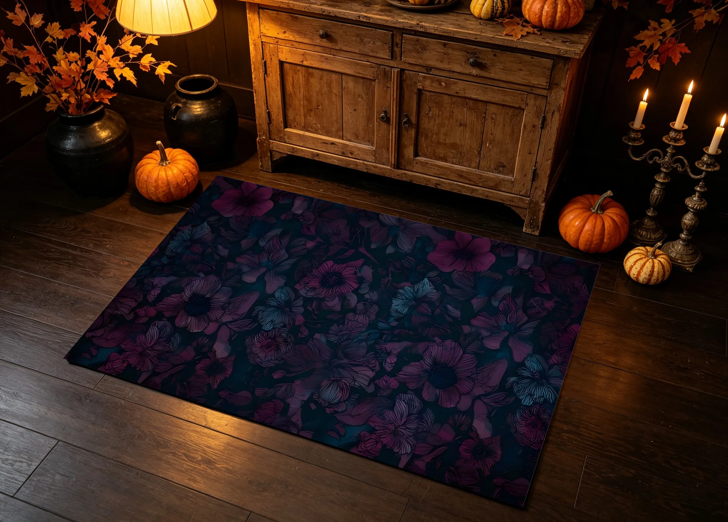Retro Dark Red Floral Print Dark Vintage Style Halloween Velvet Rug, Suitable for Entryway, Bedroom, and Living Room, Creating a Dignified, Sophisticated, and Personalized Soft Furnishing Atmosphere