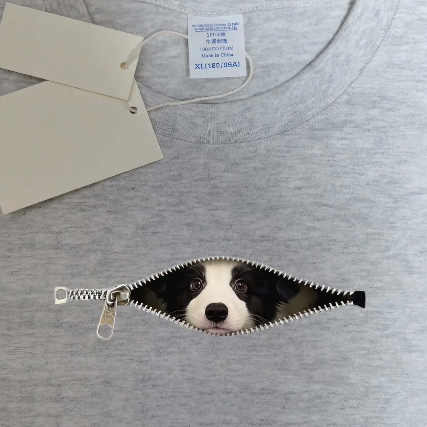 Creative Zipper Long Sleeve T-Shirt Pure Cotton Unisex Dog Print Top for Autumn Winter Commuting Cute Animal Lover's Tee
