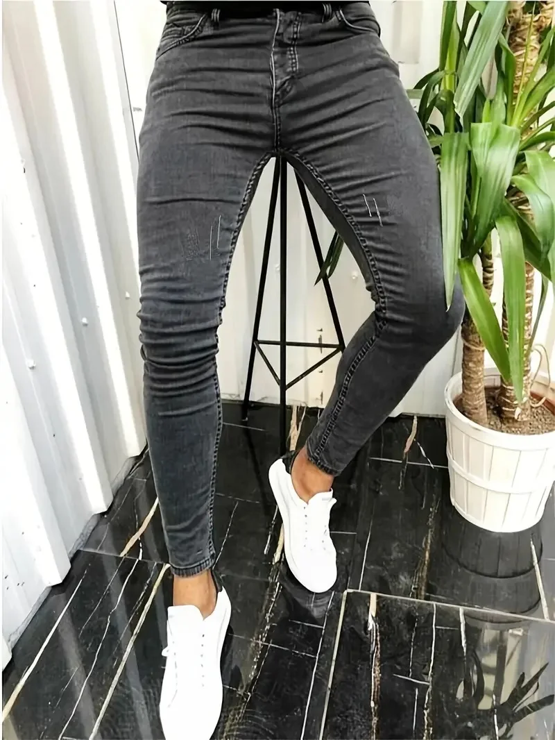 Mode Street Style Grey Skinny Jeans Heren Vintage Wash Effen Denim Broek Heren Casual Slim Fit Potlood Denim Broek Hot Sale