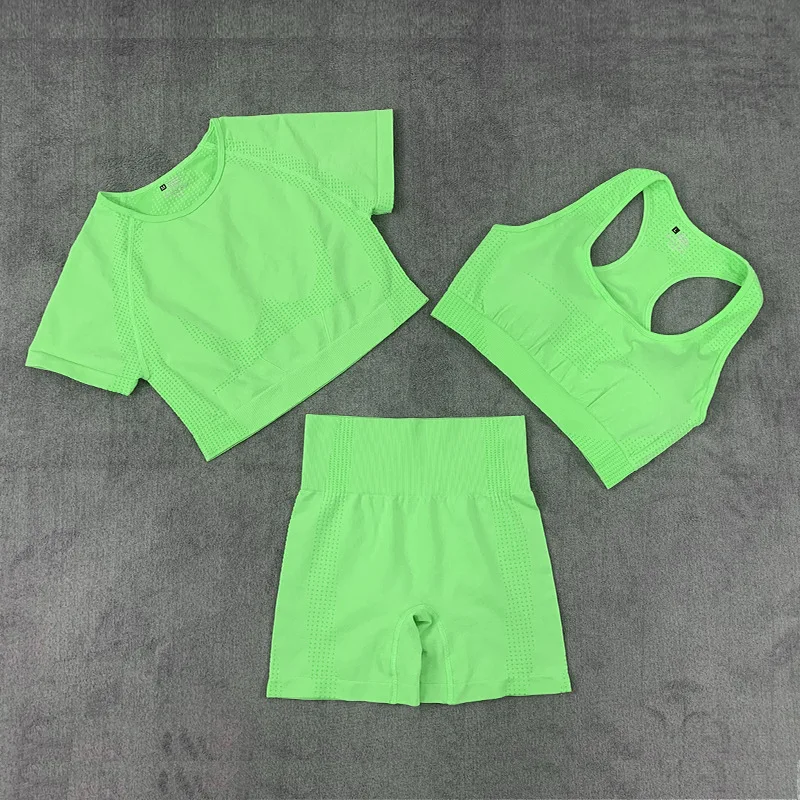 Summer Spring 3pcs Yoga Clothes Fashion Sports Bra Gym Wear Quick Dry Short Sleeve Slim Pants Yoga Suit Set