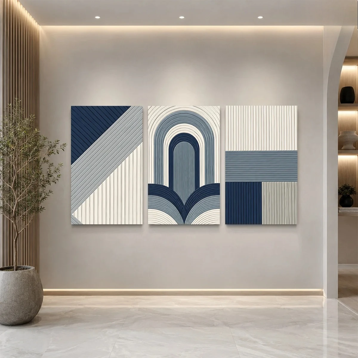 Frameless canvas 2D Flat 3PCS - Three abstract paintings with blue gray geometric patterns and stripes. Themed Canvas Wall Ar