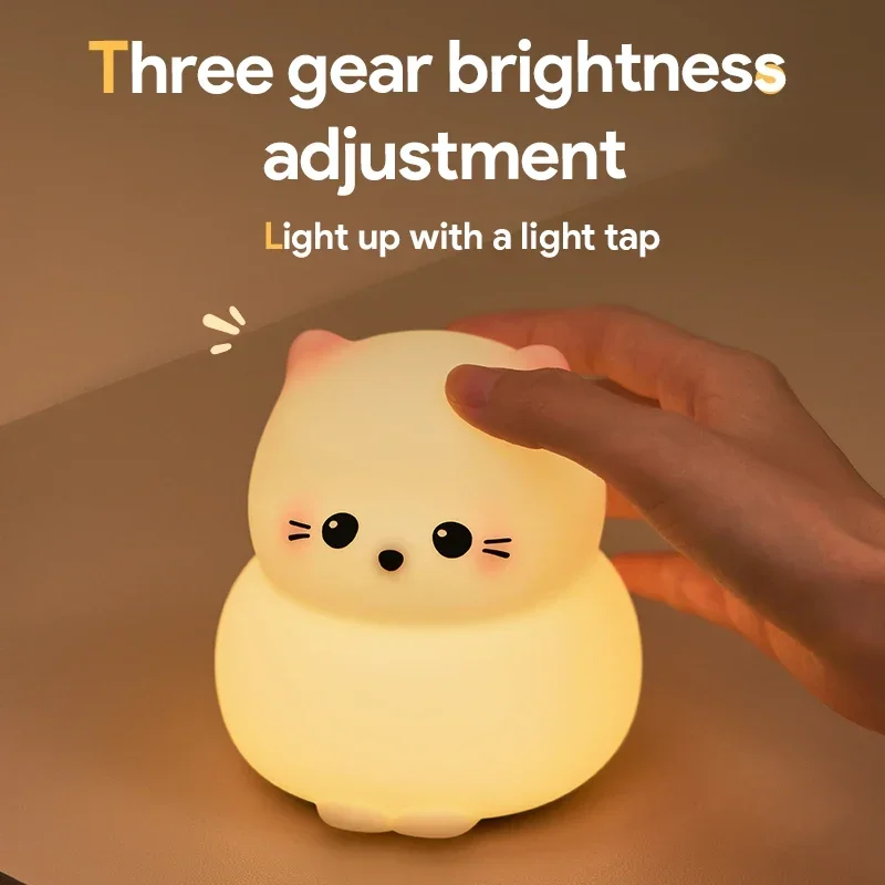 Silicone Gluttonous Cat Night Light Rechargeable Touch Timing Patting Lamp for Bedroom Desktop Decor Children Birthday Gift