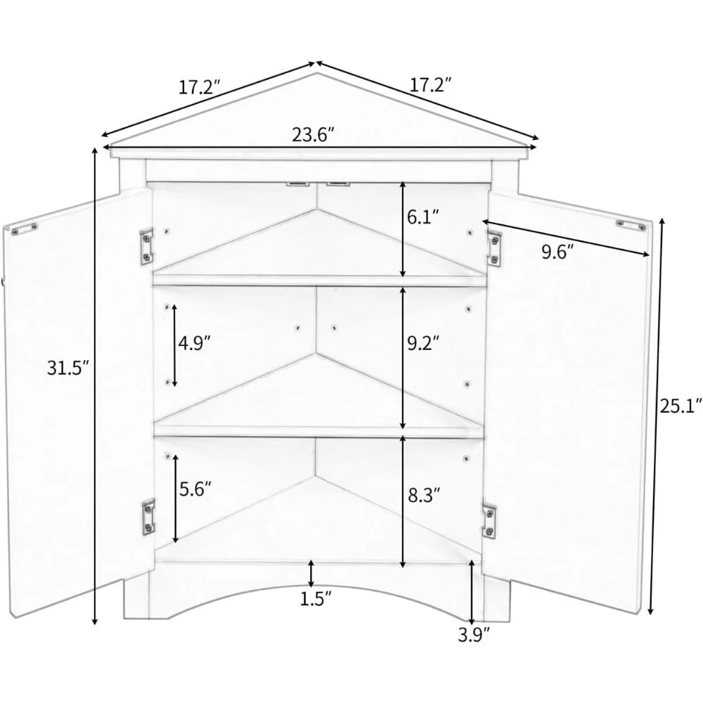 خزانة تخزين الحمام، خزانة حمام مثلثة مع أبواب وأرفف قابلة للتعديل، خزانة زاوية للحمام قائمة بذاتها #2