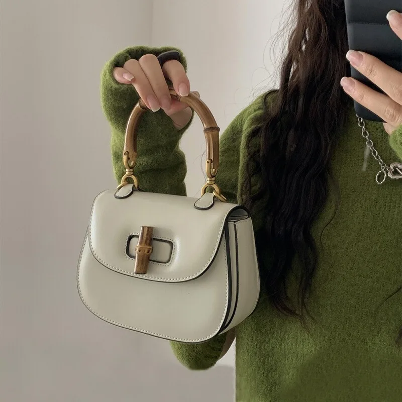 Winter New Women Bamboo Handle Bag Luxury Texture Niche Design Handbag Shoulder Crossbody Saddle Purse Trendy