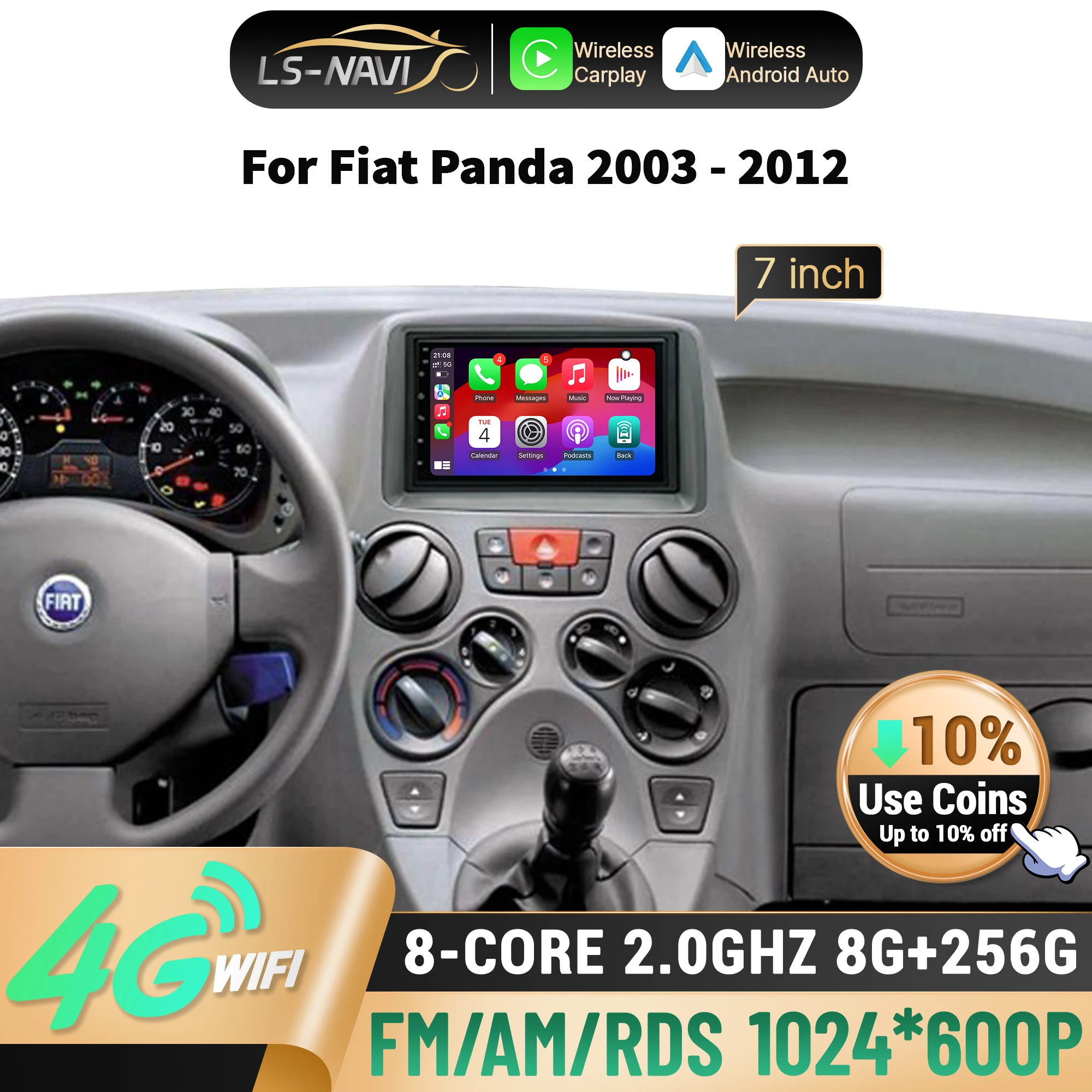 

7 inch Android 14 Car Radio For Fiat Panda 2003-2008 2009 2010 2011 2012 4G Wireless Bluetooth CarPlay Head Unit Screen Stereo