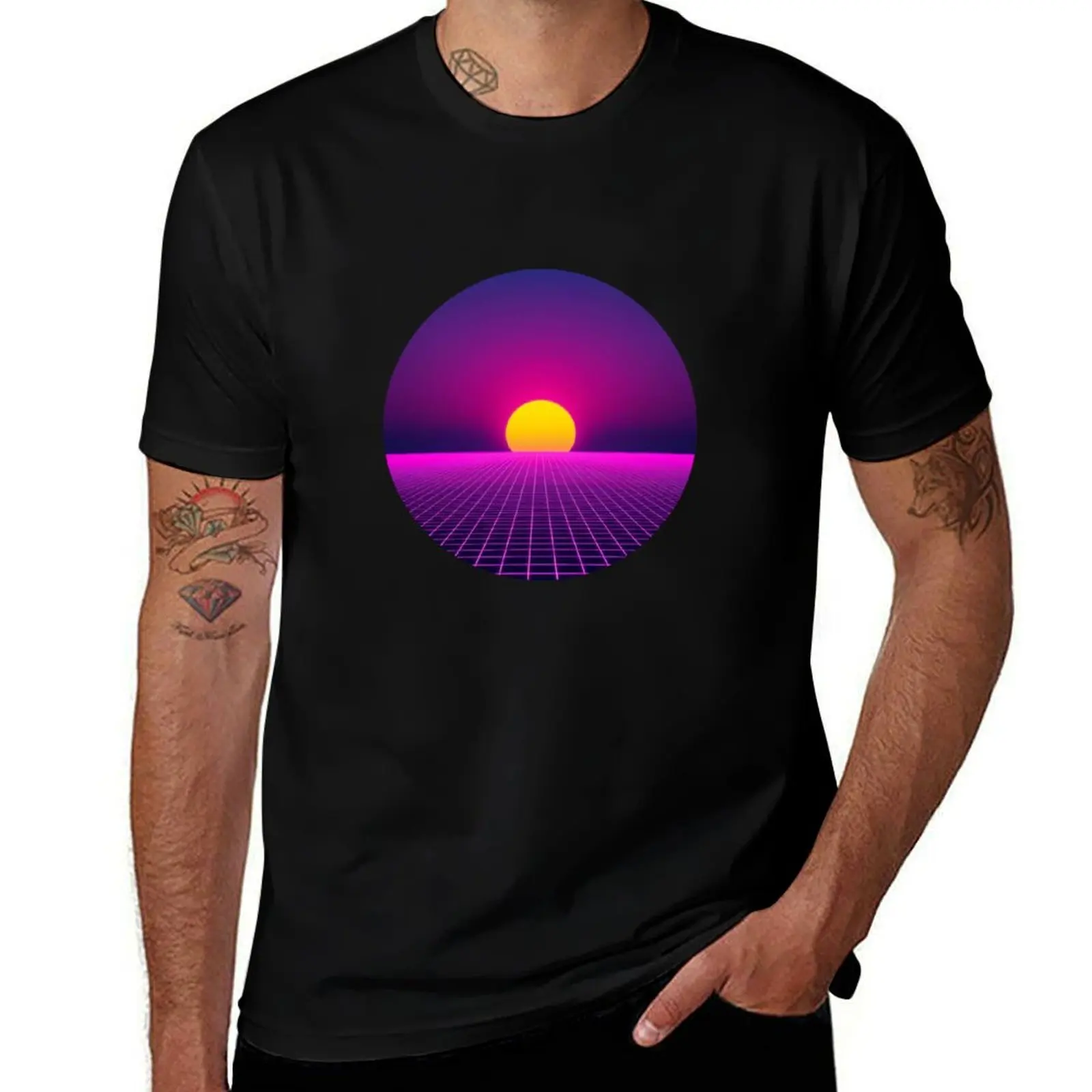 

Retrofuturistic Sunset – Vaporwave Design with Sun and Digital Horizon T-Shirt customs sublime anime shirts men